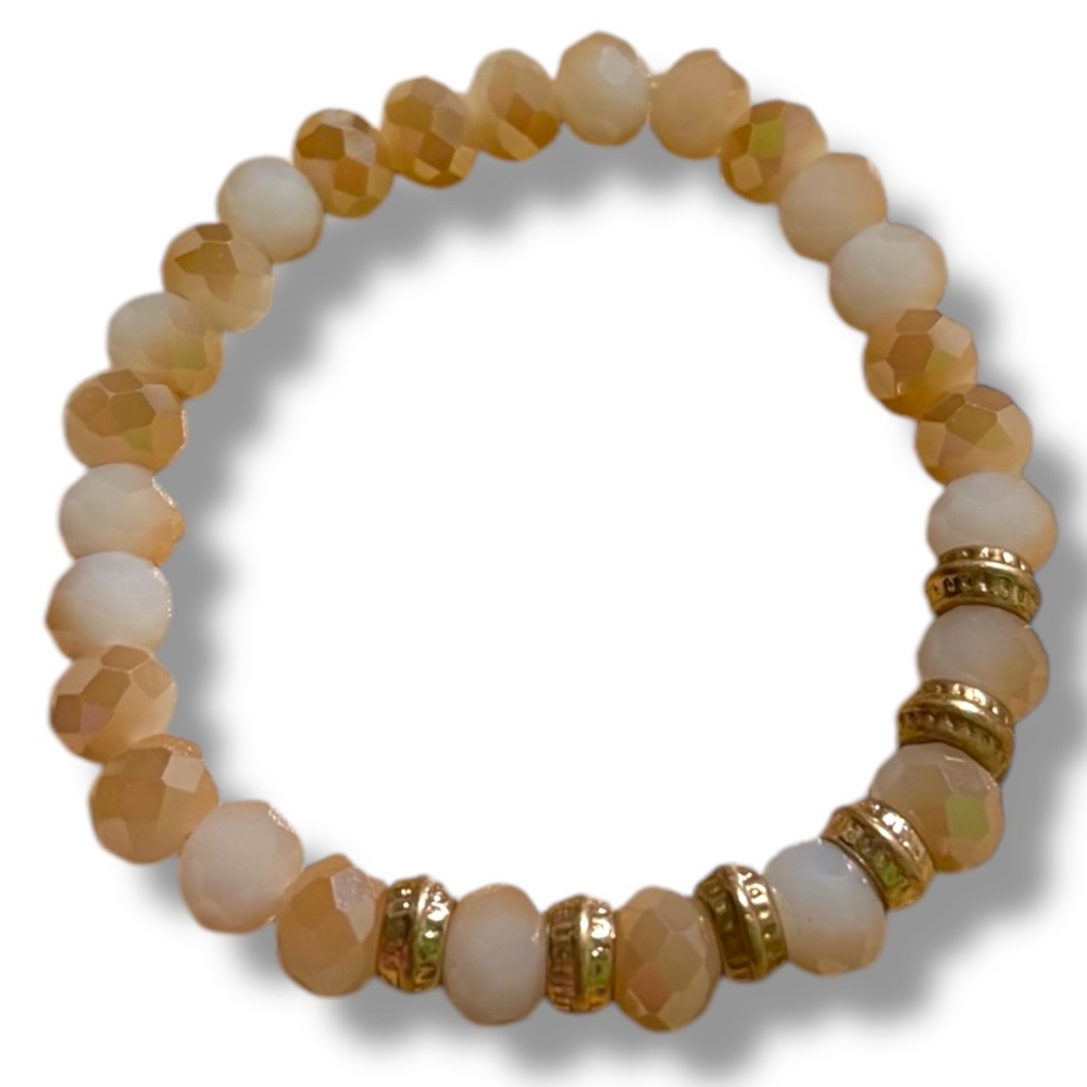 Elegant Orange Beige Brown Glass Crystal Beaded Stackable Bracelet Gold Accents